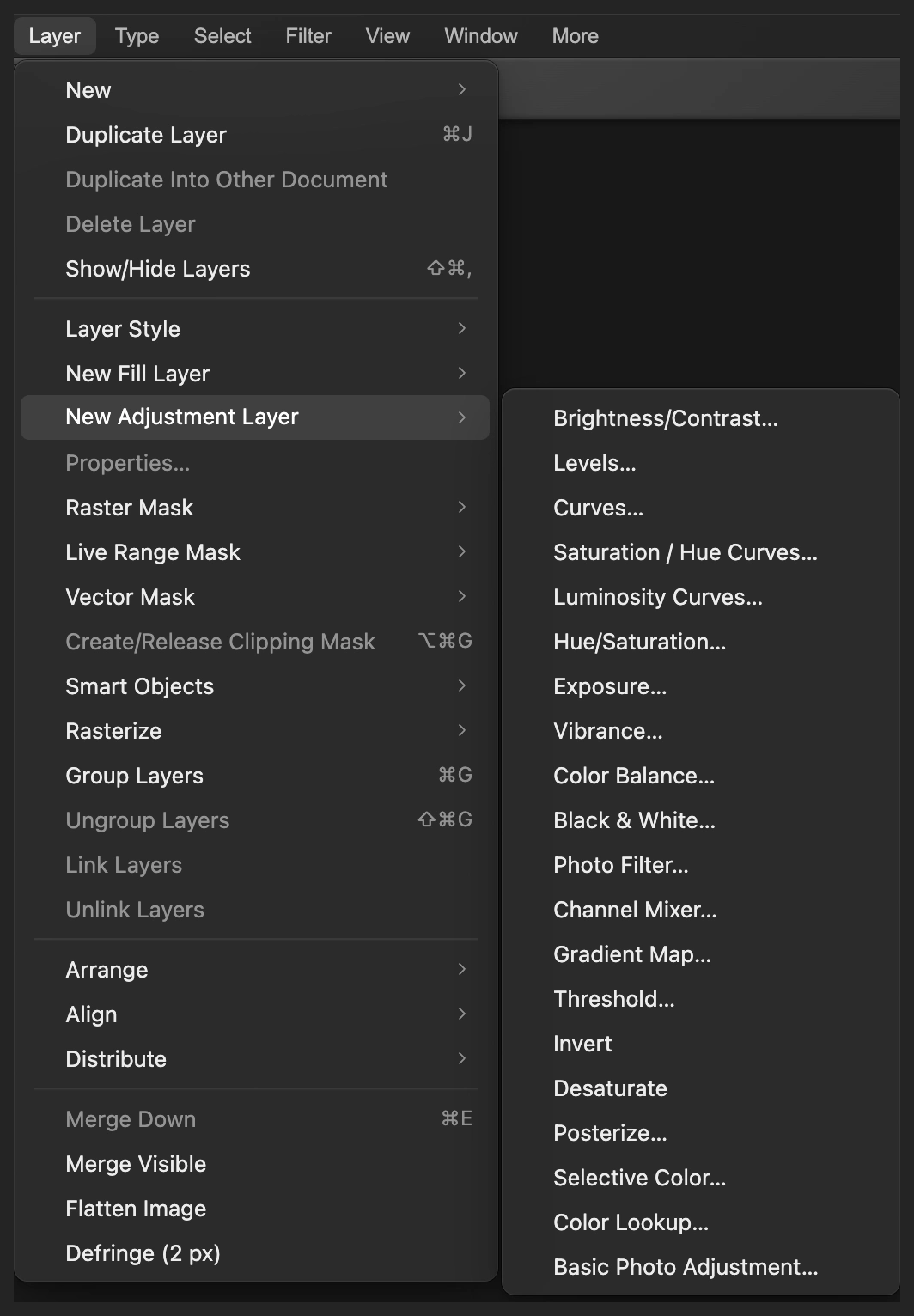 Il menu Livello con Nuovo livello di regolazione aperto e Tonalità/saturazione disponibile nel sottomenu